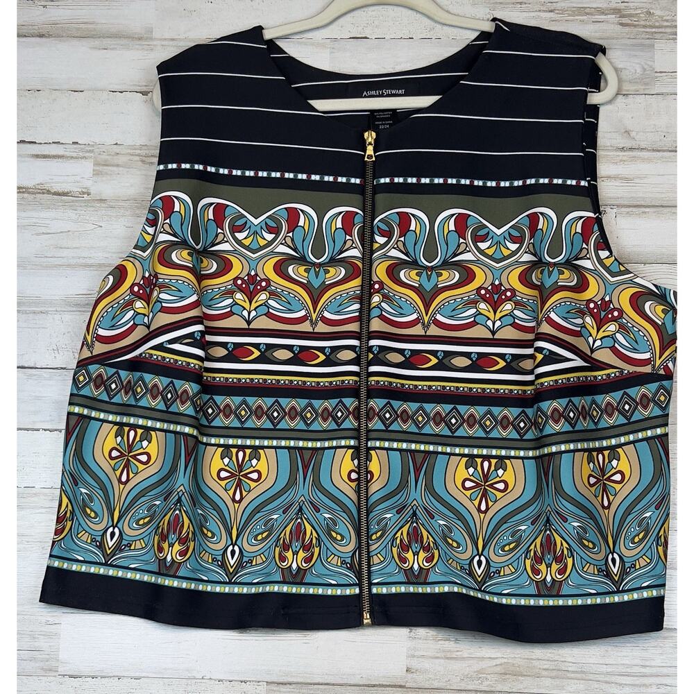 Ashley Stewart Boho Colorful Zip Front Sleeveless Top Womens Plus Size 22 24